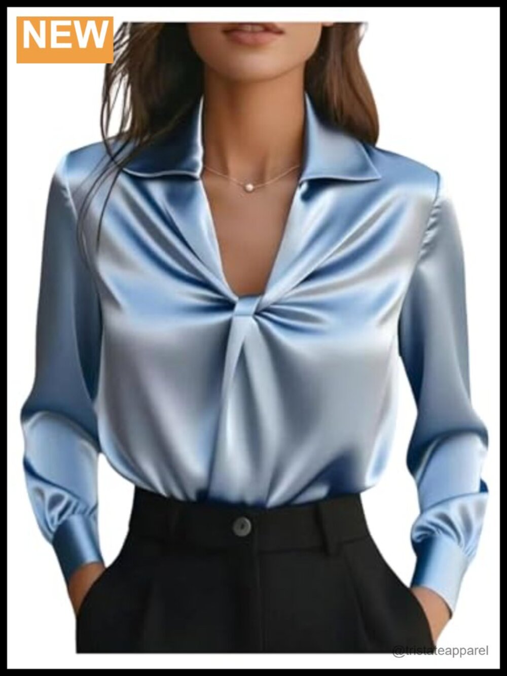 Elegant Collared V-Neck Twist Knot Blouse Long Lantern Sleeve Office Satin Faux